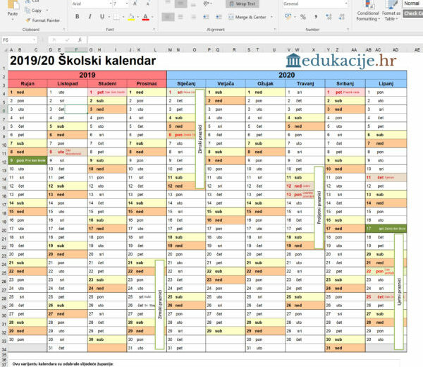 Excel kalendar školska godina 2019/2020
